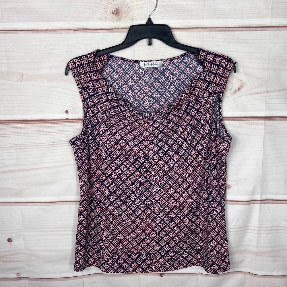 Kasper Top Women XL Pink Blue Geometric Blouse Knit Cowl Neck Cap Sleeve Stretch